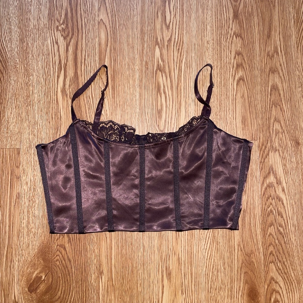 Elegant Brown Lace Trim Corset Top